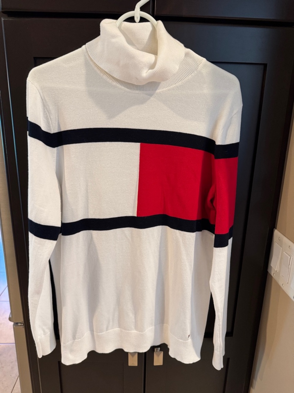 Tommy Hilfiger White Turtleneck Sweater with Red & Navy Colorblock